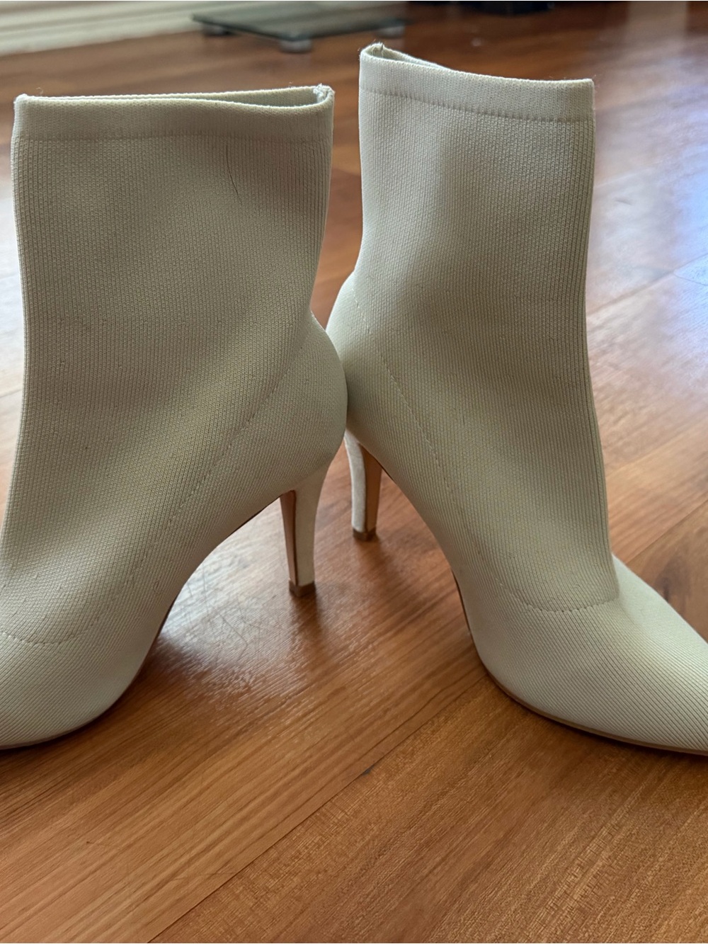 Stretch Knit Cream Ankle Booties with Stiletto Heel